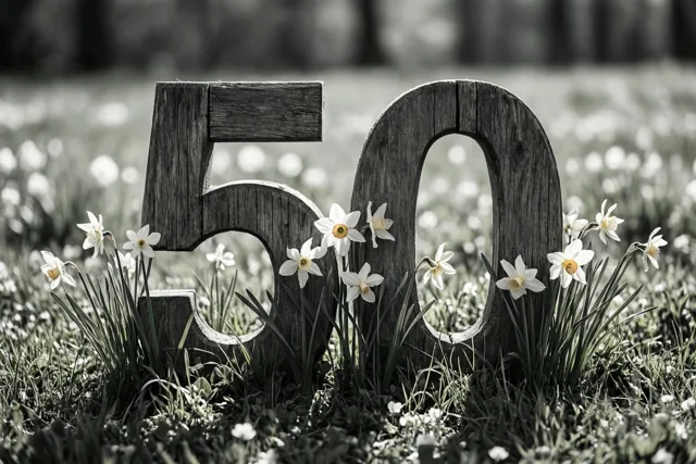 Houten cijfers 50 staan in een grasweide tussen witte narcissen, in zwart-wit met alleen de gele bloemenharten in kleur.