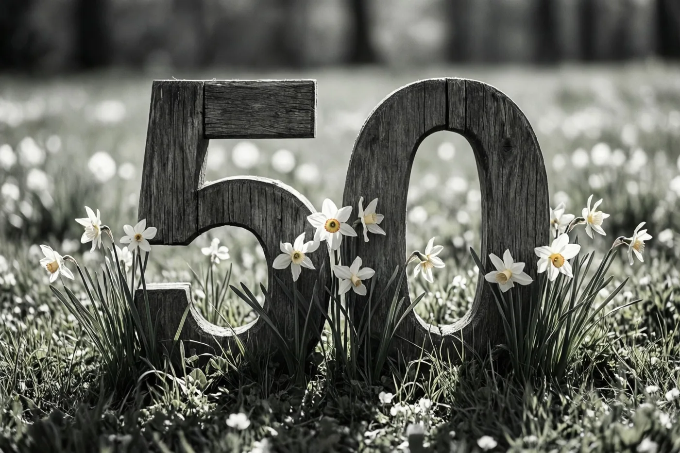 Houten cijfers 50 staan in een grasweide tussen witte narcissen, in zwart-wit met alleen de gele bloemenharten in kleur.