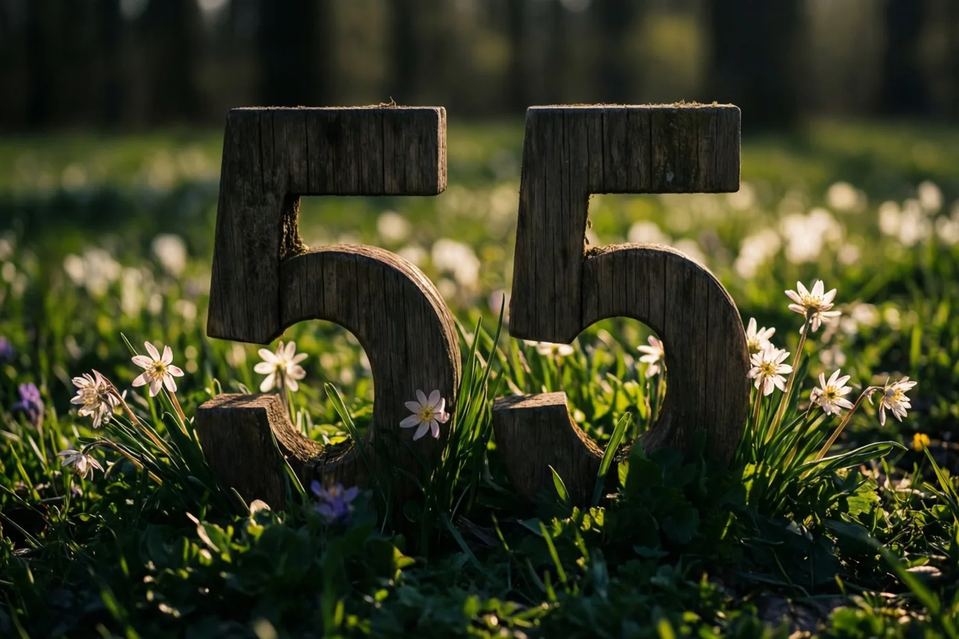 Twee grote houten vijven staan rechtop in een grasweide met kleine witte en paarse lentebloemen in warm zonlicht, tegen een onscherpe achtergrond.