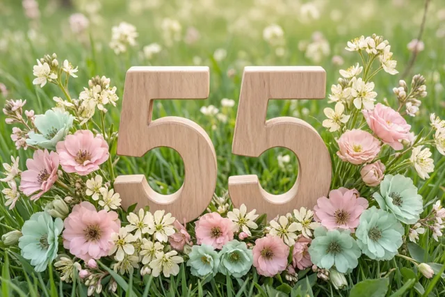 Twee houten vijven staan in een grasweide tussen lentebloemen in pastelroze, mintgroen en wit tegen een zachtgroene achtergrond.