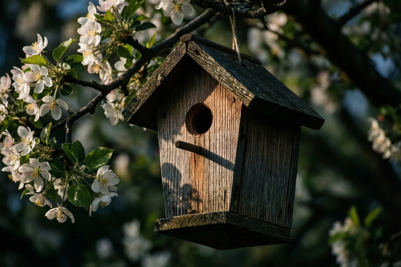 Een verweerd houten vogelhuisje hangt aan een boomtak met witte bloesems in zacht natuurlijk licht.