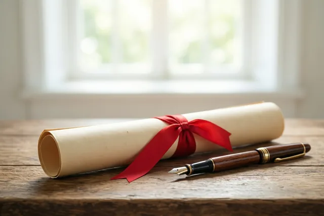 Een opgerold diploma met een rood lint en een houten vulpen liggen op een rustiek houten bureau, zacht verlicht door een raam op de achtergrond.