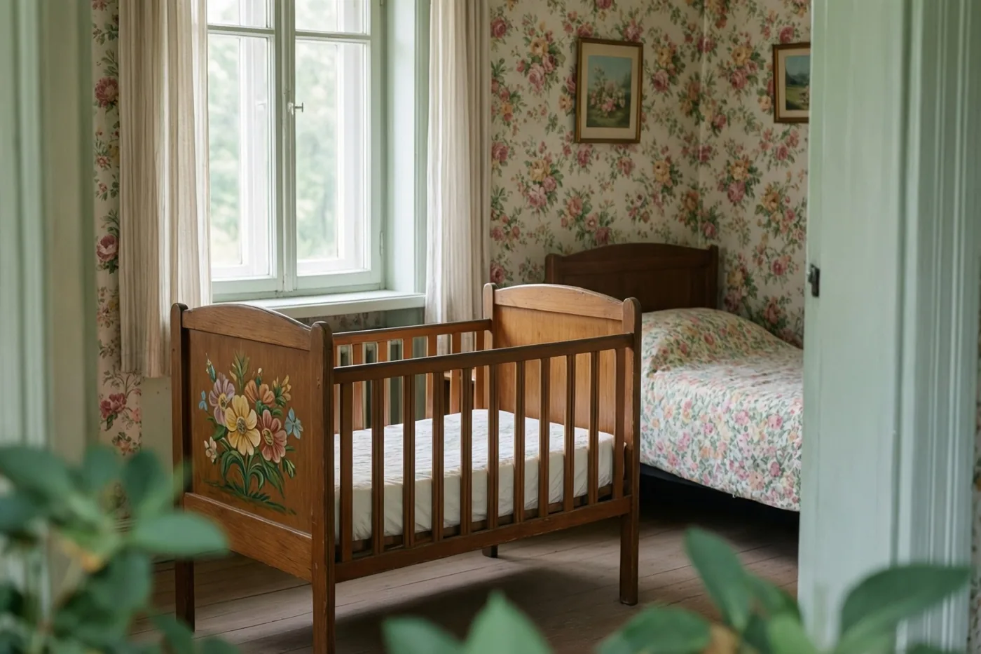 Een houten wieg met handgeschilderde bloemen staat in een slaapkamer in jaren-zestigstijl met bloemenbehang en daglicht door een raam.
