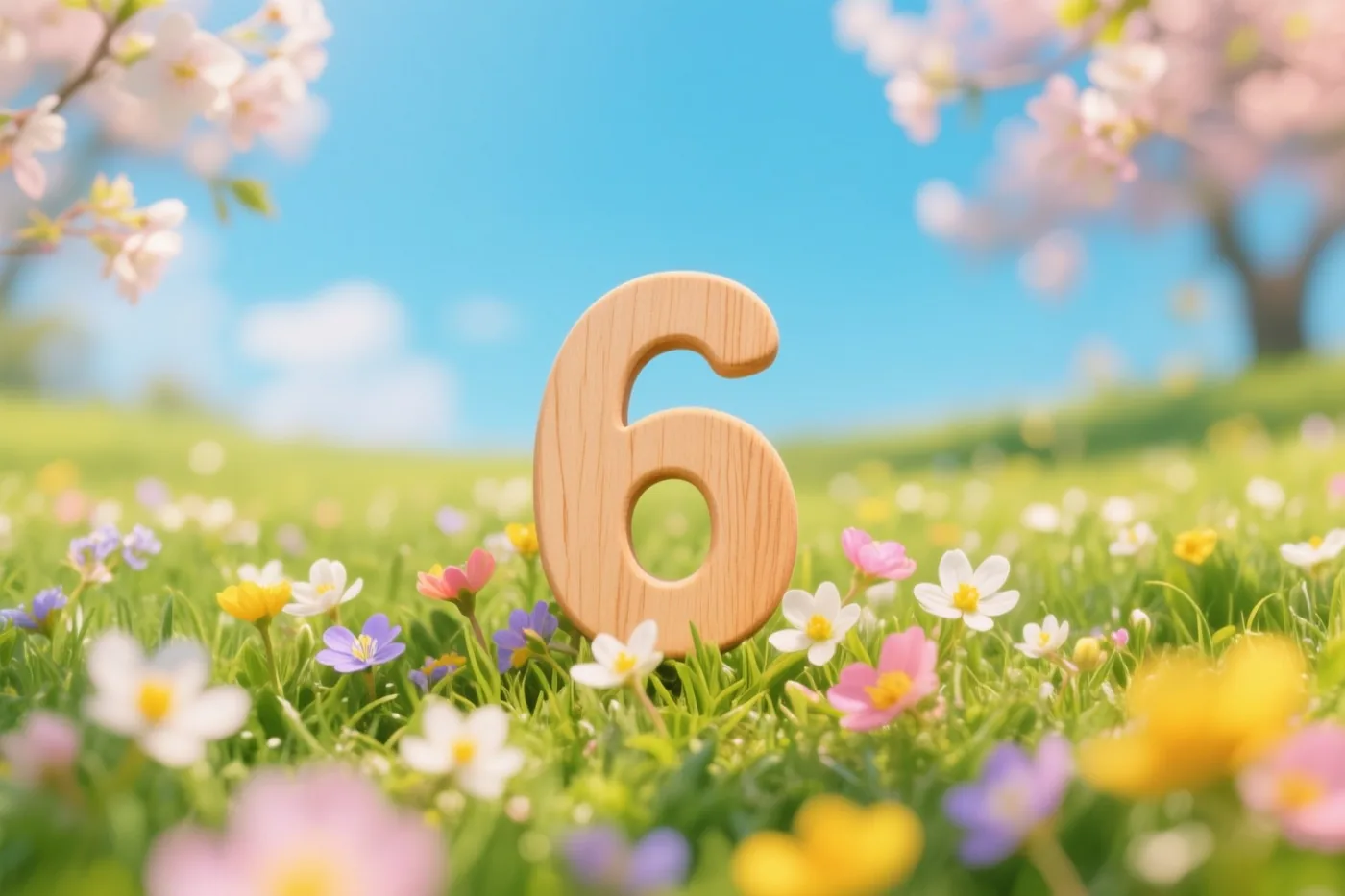 Een houten cijfer 6 staat in een groene weide vol kleurrijke lentebloemen onder een helderblauwe lucht, met onscherpe kersenbloesemtakken op de achtergrond.