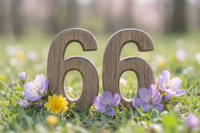 Twee houten zessen staan rechtop in een zonnige grasweide tussen kleine paarse en gele lentebloemen.