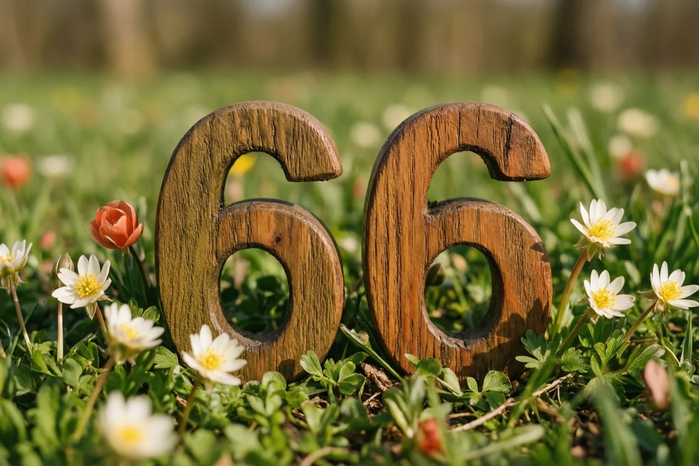 Twee houten zessen staan rechtop in een zonnige grasweide met kleine witte en oranje bloemen.