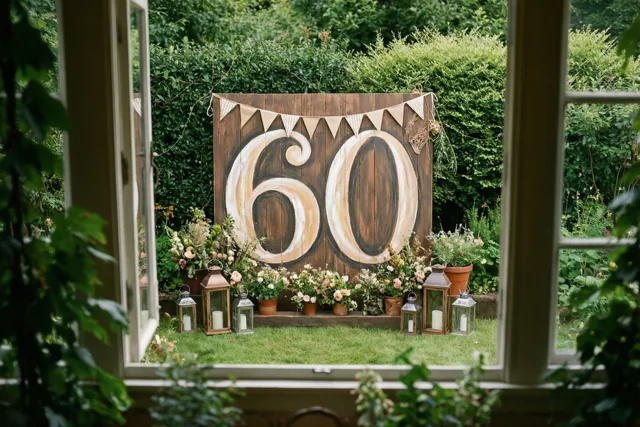 Door een raam is een groene tuin met bloemen te zien, met een groot houten bord waarop 60 staat, vlaggetjes en lantaarns.