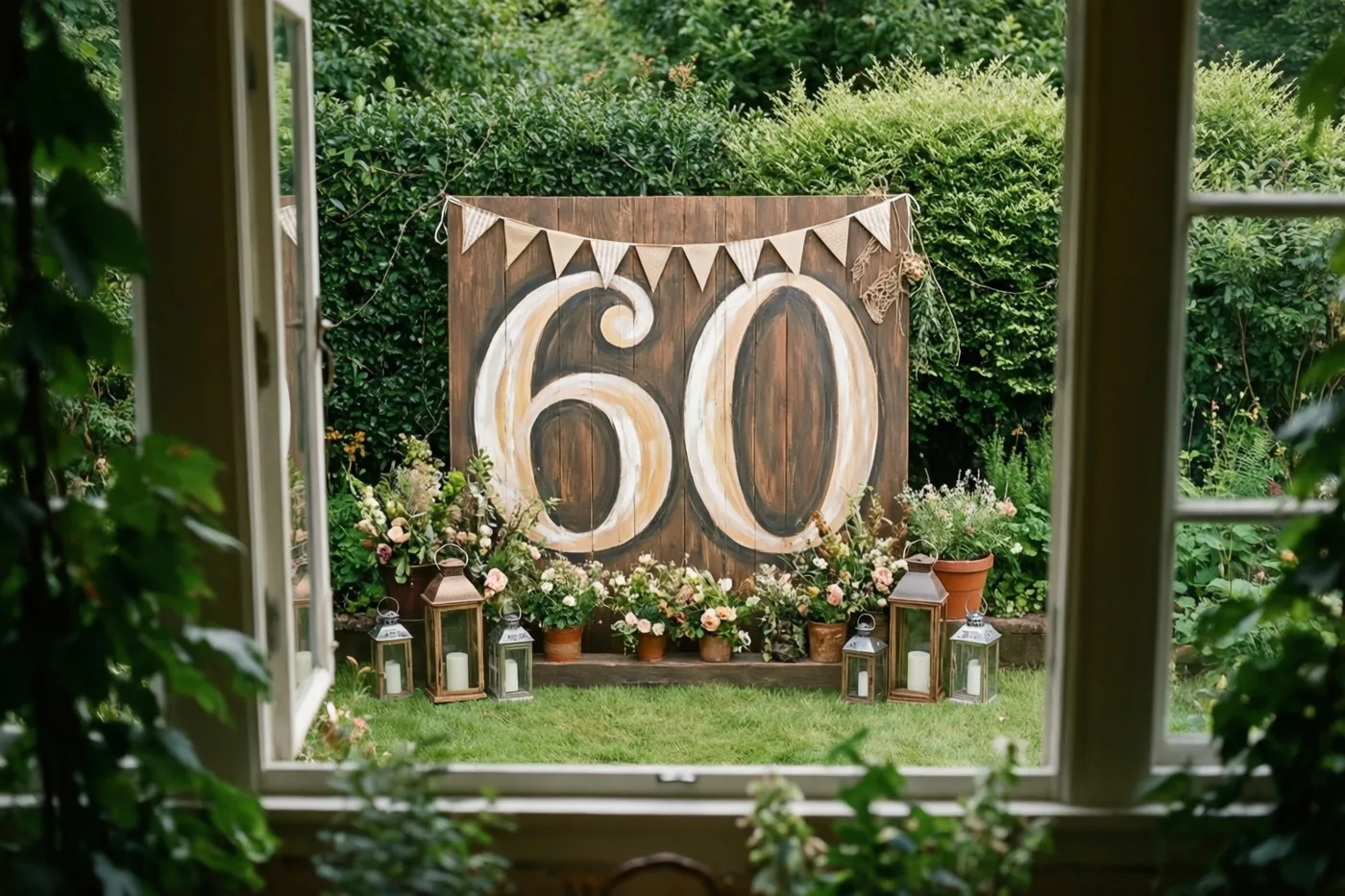 Door een raam is een groene tuin met bloemen te zien, met een groot houten bord waarop 60 staat, vlaggetjes en lantaarns.