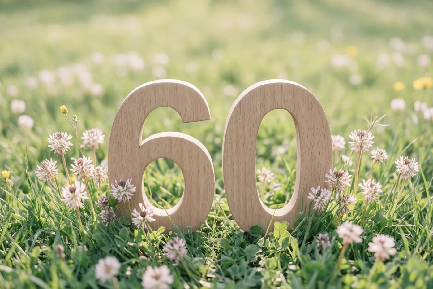 Een houten 60 staat in een groene weide vol kleine witte en gele bloemen in helder zonlicht.