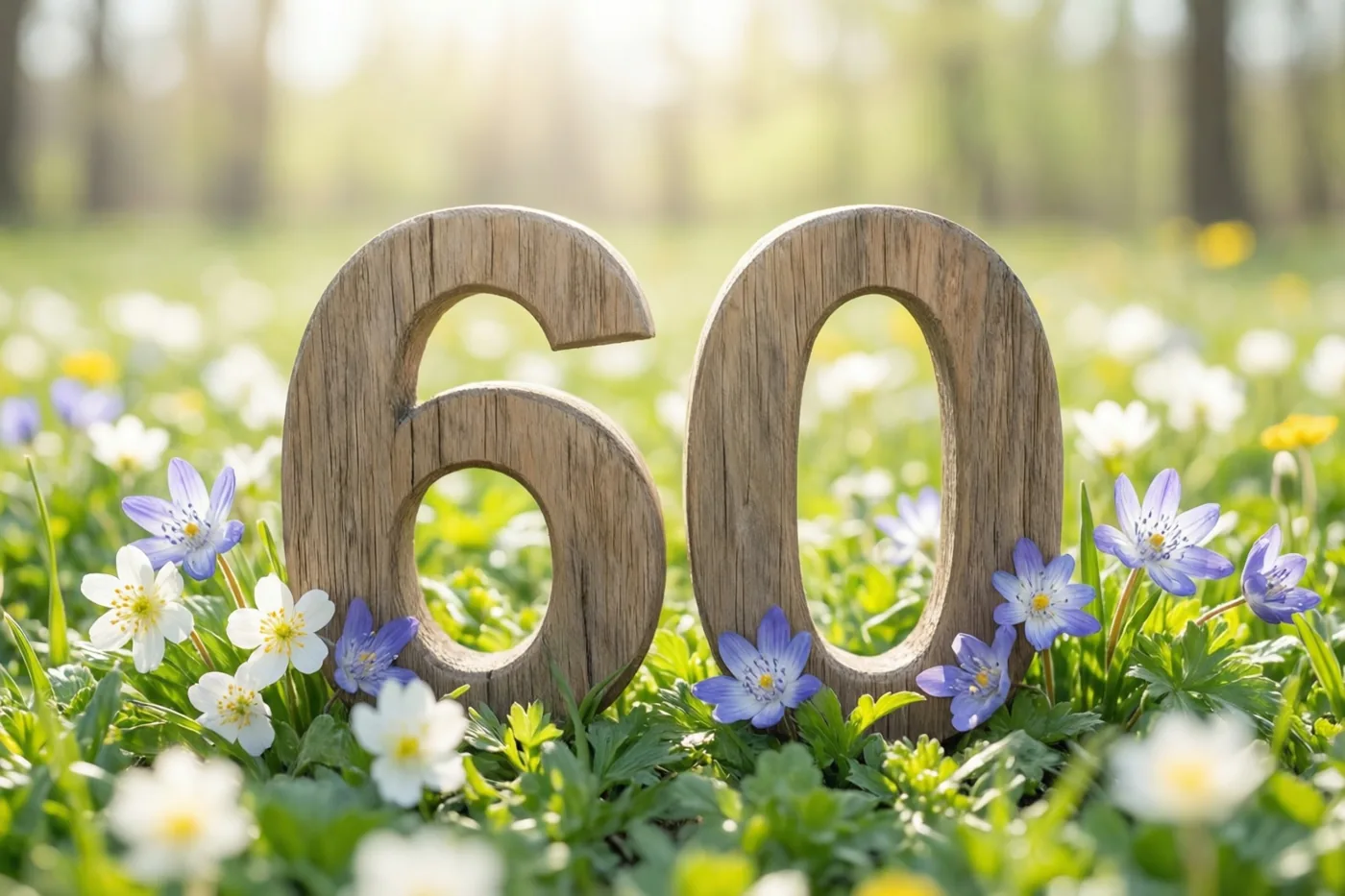 Houten cijfers vormen 60 in een zonnige weide vol lentebloemen, met vooral groene, witte en blauwe tinten.