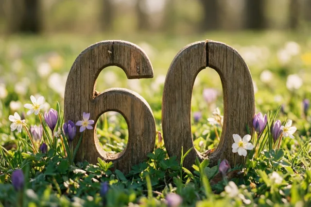 Houten cijfers vormen 60 in een zonnige weide met groen gras en paarse en witte lentebloemen.