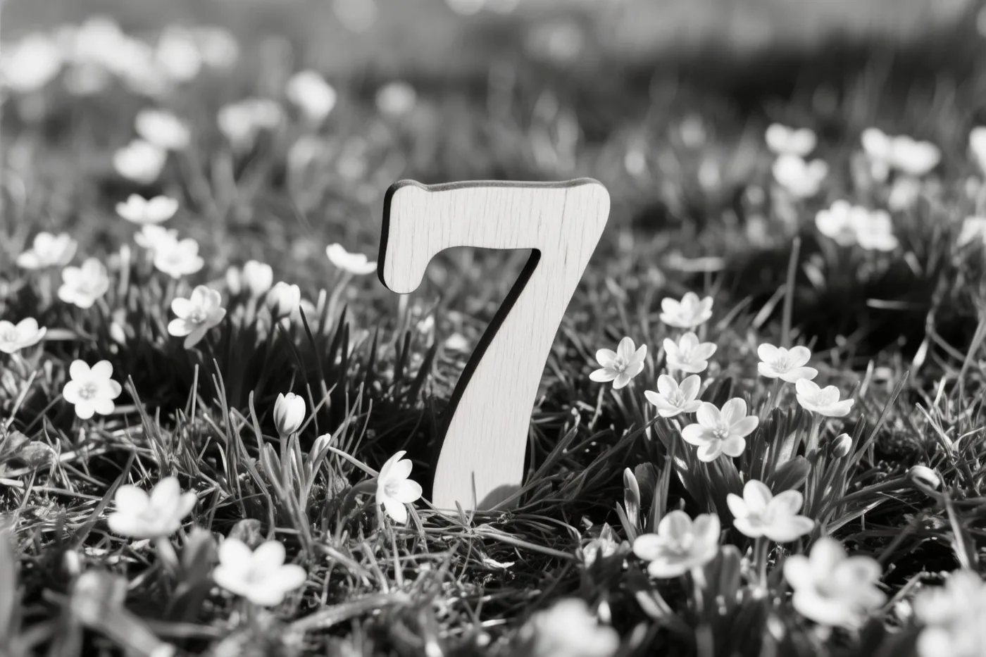 Een zwart-witfoto toont een houten 7 die rechtop staat in een grasveld met kleine witte lentebloemen.