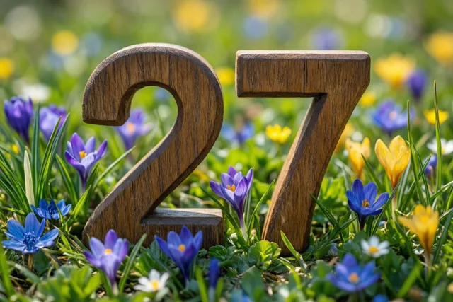 Houten cijfers vormen 27 in een weide vol lentebloemen in helder zonlicht.