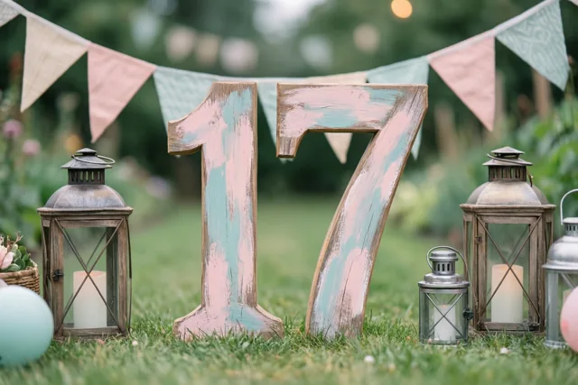 Een groot houten getal 17 in verbleekt roze en blauw staat op groen gras tussen metalen lantaarns met kaarsen, met pastelvlaggetjes op de achtergrond.