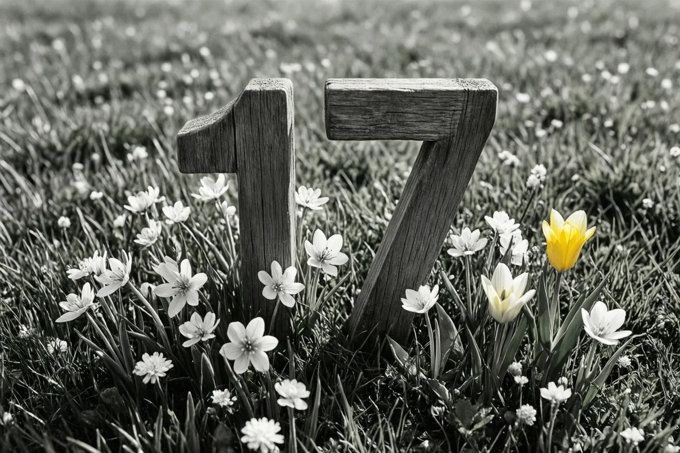 Houten cijfers 17 staan in een grasweide met lentebloemen in zwart-wit, terwijl één gele tulp in kleur is weergegeven.