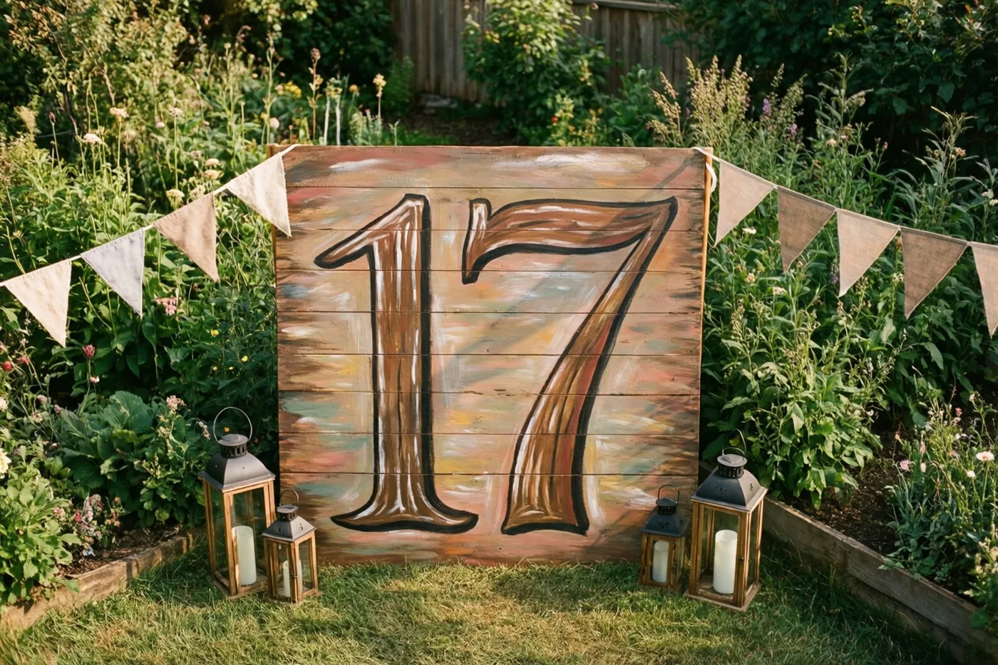 Een groot houten bord met het geschilderde getal 17 staat op gras in een groene tuin, met vlaggetjes en lantaarns ernaast.