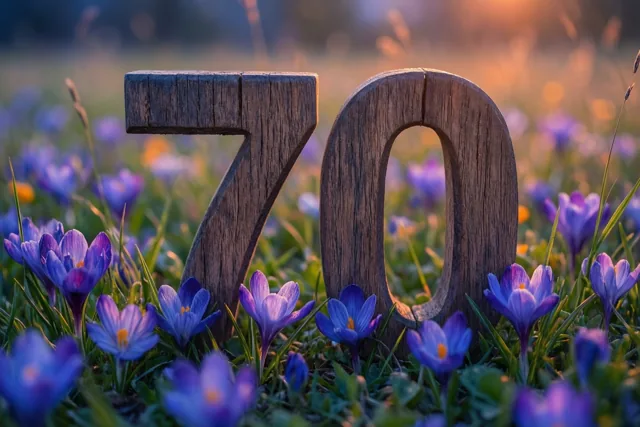 Houten cijfers vormen 70 in een weide met paarse krokussen en groen gras in warm zonlicht.