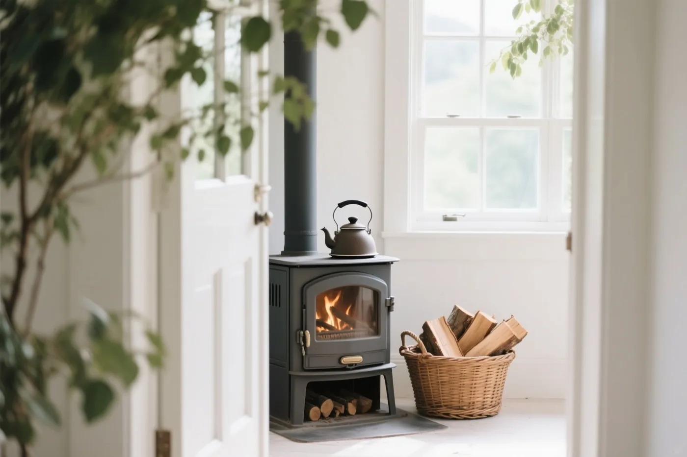 Een brandende zwarte houtkachel met een ketel erop staat naast een rieten mand brandhout in een lichte kamer met witte muren en een raam.