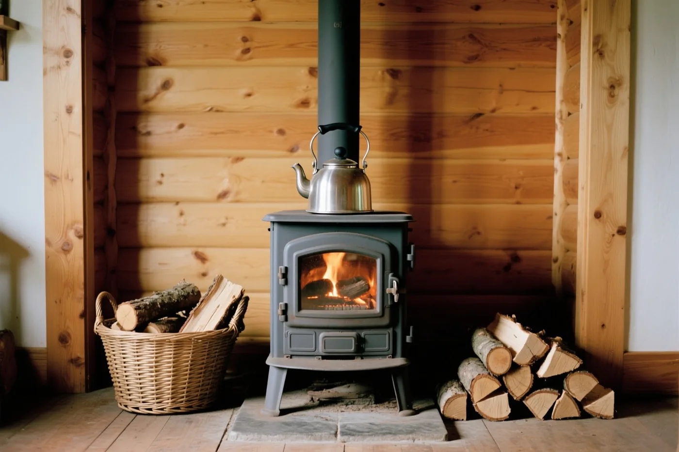 Een brandende houtkachel met een zilverkleurige ketel staat in een houten huisje, met links een rieten mand vol houtblokken en rechts een stapel hout.