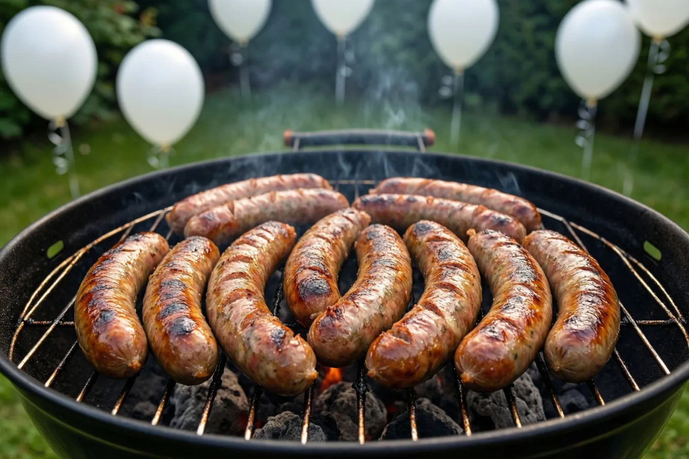 Worstjes liggen op een houtskoolbarbecue in een tuin met groen gras en witte ballonnen op de achtergrond.