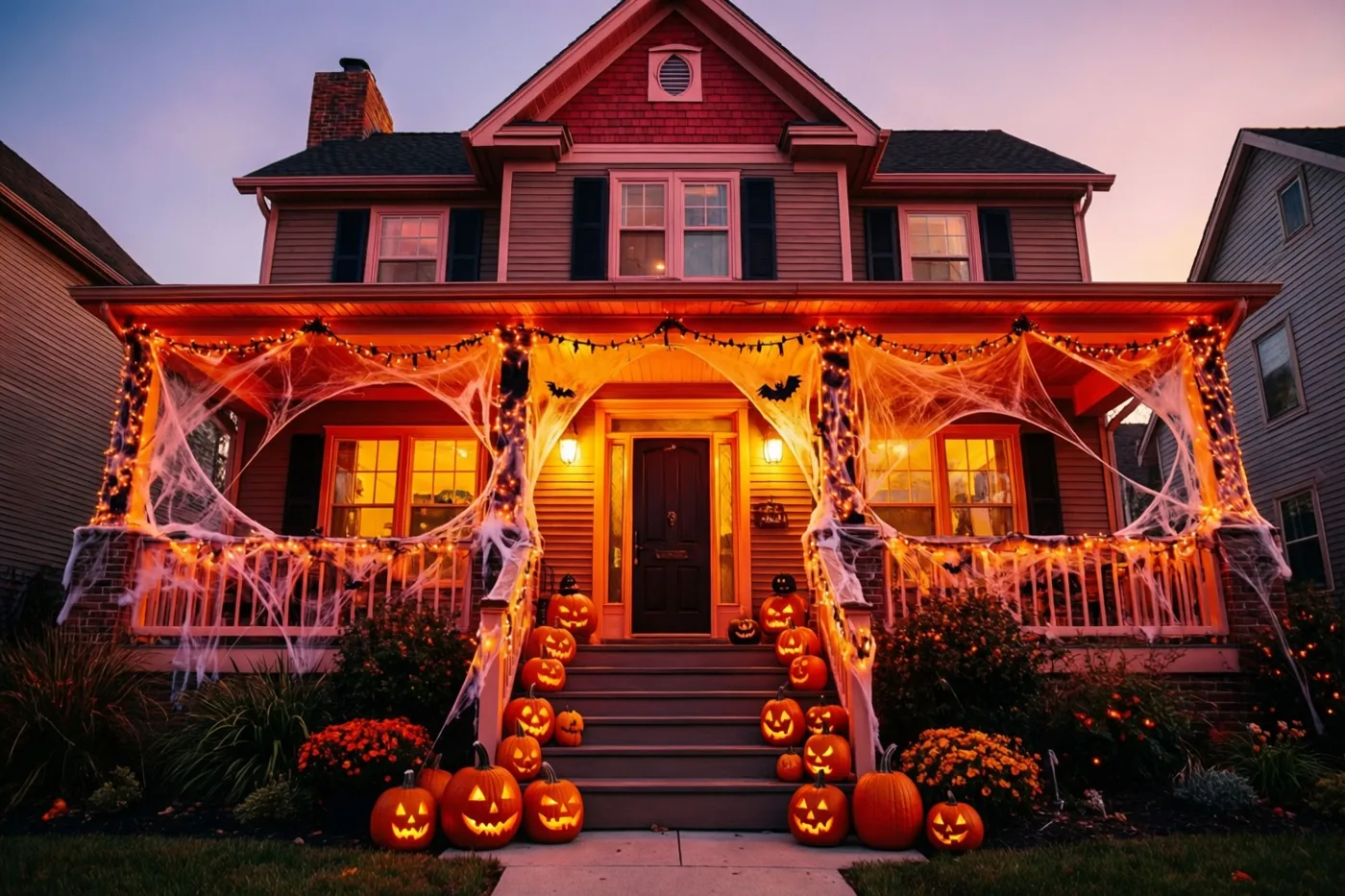 Een huis met twee bouwlagen is versierd met oranje lichtjes, kunstmatige spinnenwebben aan de veranda en uitgesneden pompoenen op de treden en het gazon onder een paars-oranje avondlucht.
