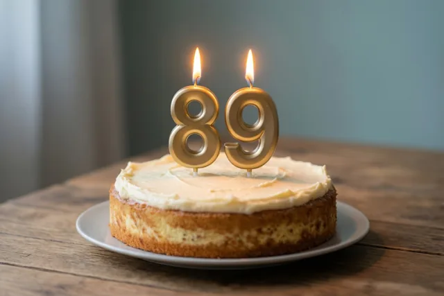 Een huisgemaakte roomtaart met brandende cijferkaarsjes 89 staat op een houten tafel.