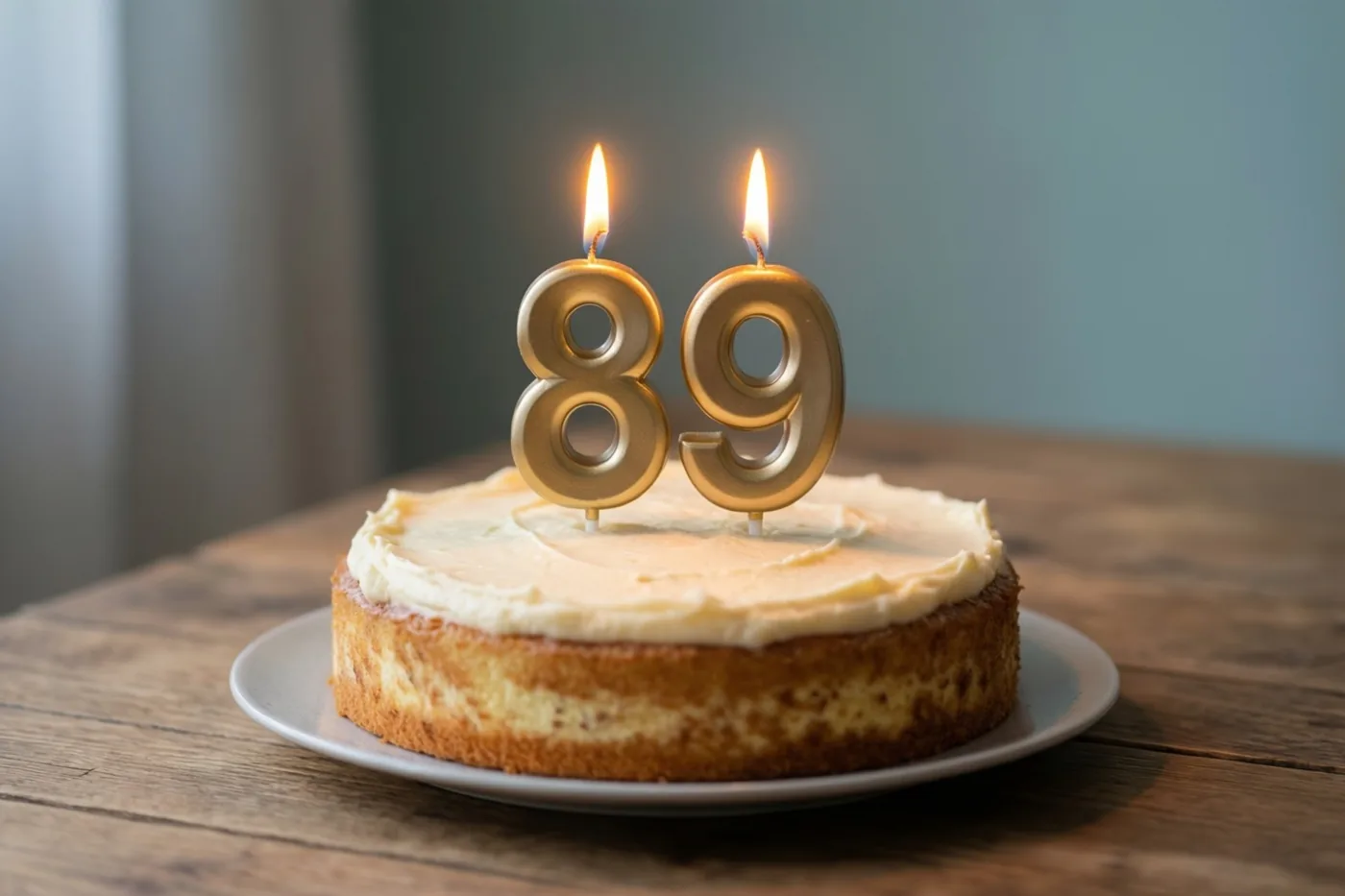 Een huisgemaakte roomtaart met brandende cijferkaarsjes 89 staat op een houten tafel.
