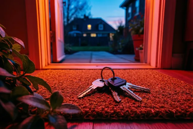 Huissleutels aan een ring liggen op een deurmat bij een deuropening, tussen warm oranje licht van binnen en blauwe schemering buiten.