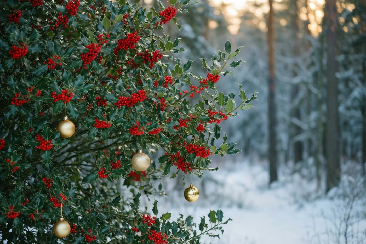 Een hulststruik met rode bessen en gouden kerstballen staat aan de rand van een besneeuwd bos.