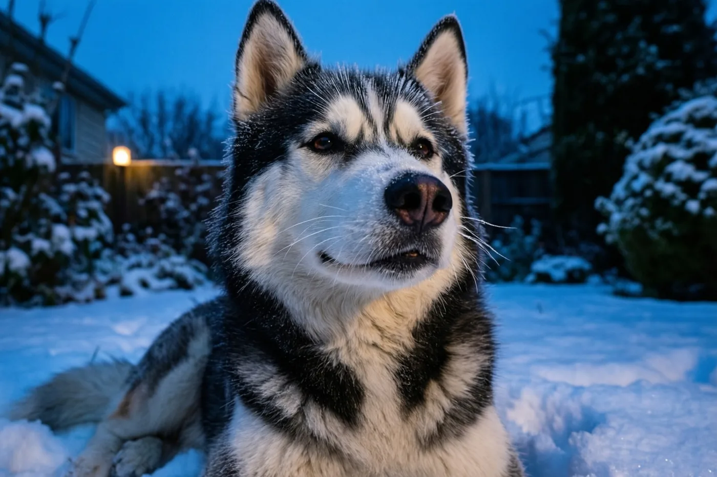 Een husky met rijp op zijn snorharen rust bij schemering in een besneeuwde tuin met koele blauwe tinten en warm licht van een lichtbron dichtbij.