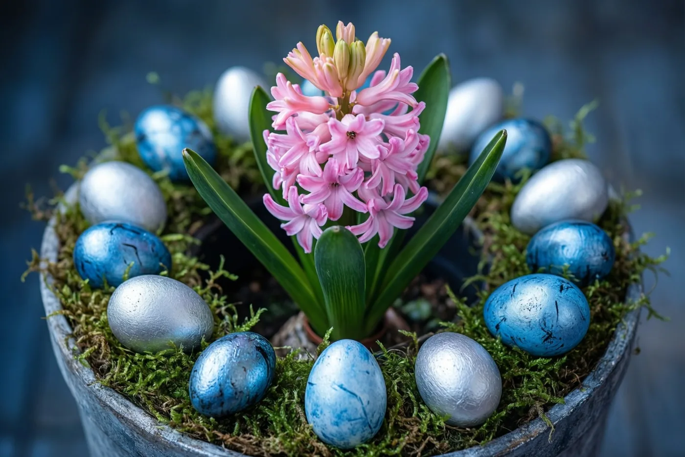 Een roze hyacint staat in een pot met groen mos tussen kleine blauw en zilverkleurig beschilderde eieren, tegen een wazige donkerblauwe achtergrond.
