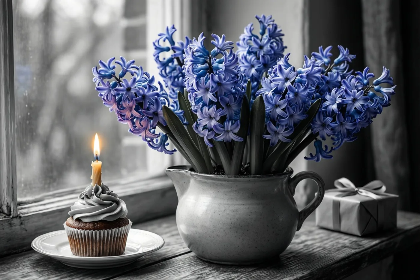 Een pot blauwe hyacinten staat op een houten vensterbank naast een cupcake met één brandend kaarsje en een klein cadeau, waarbij de bloemen en vlam kleur hebben tegen een monochrome achtergrond.