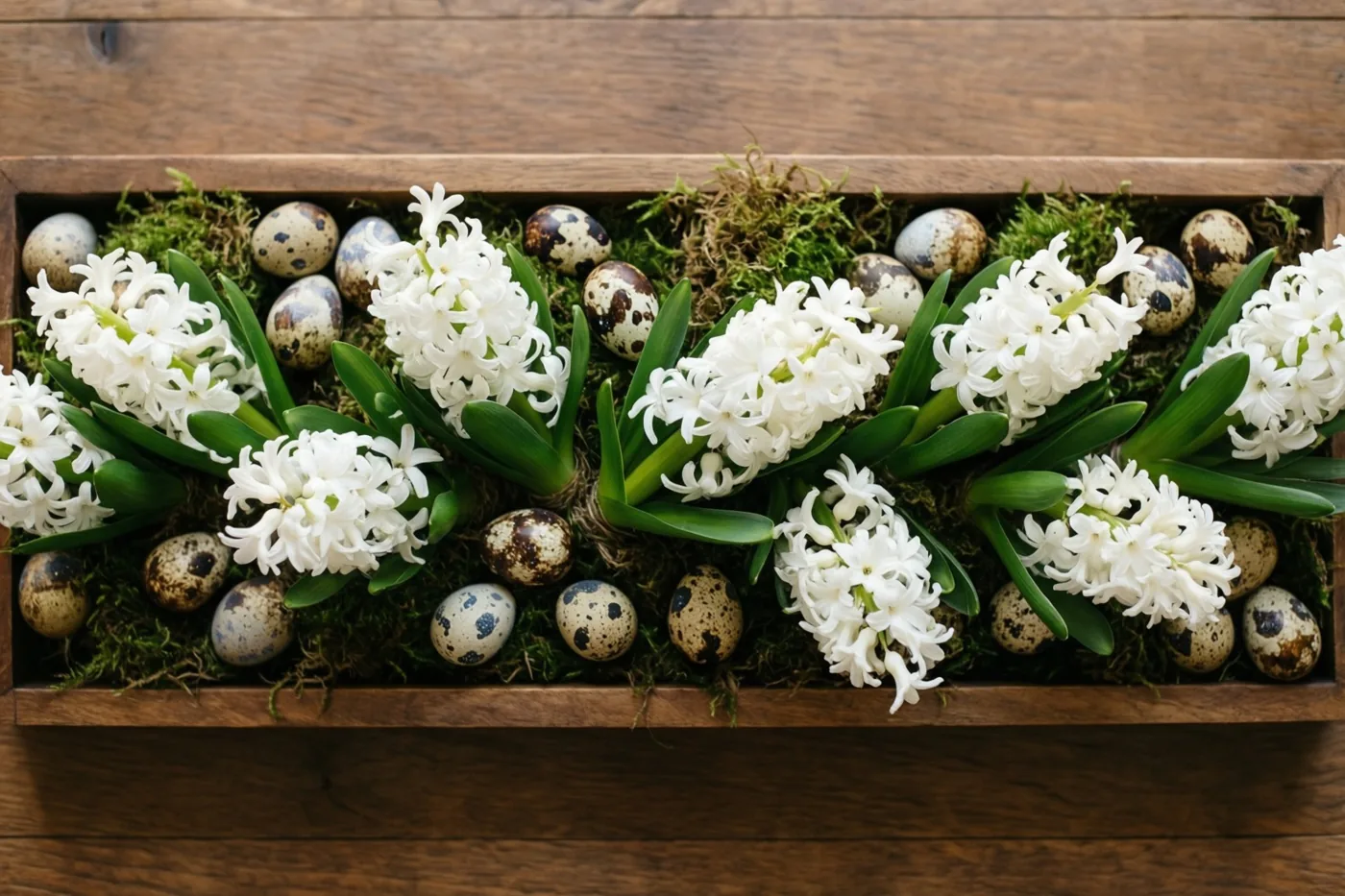Witte hyacinten, mos en kwarteleitjes zijn geschikt in een lange houten schaal op een houten ondergrond.