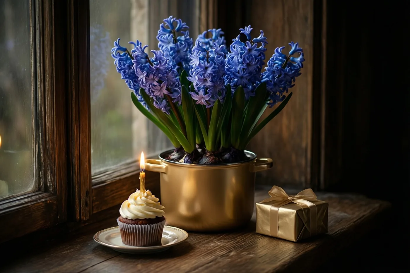 Een pot blauwe hyacinten staat op een houten vensterbank naast een cupcake met één brandend kaarsje en een klein goudkleurig ingepakt cadeau in warm daglicht.