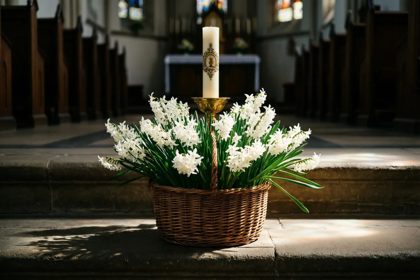 Een rieten mand met witte hyacinten staat op stenen kerktreden naast een hoge witte communiekaars in een gouden houder, met warm zonlicht door glas-in-loodramen op de achtergrond.