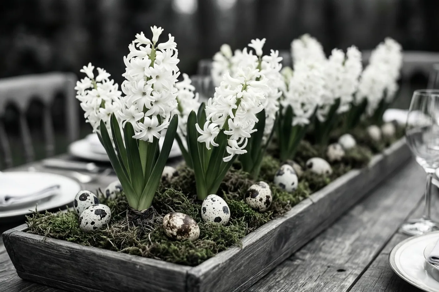Een lange houten schaal met witte hyacinten, mos en gespikkelde kwarteleitjes staat op een rustieke houten tafel, in witte, groene en bruine tinten.