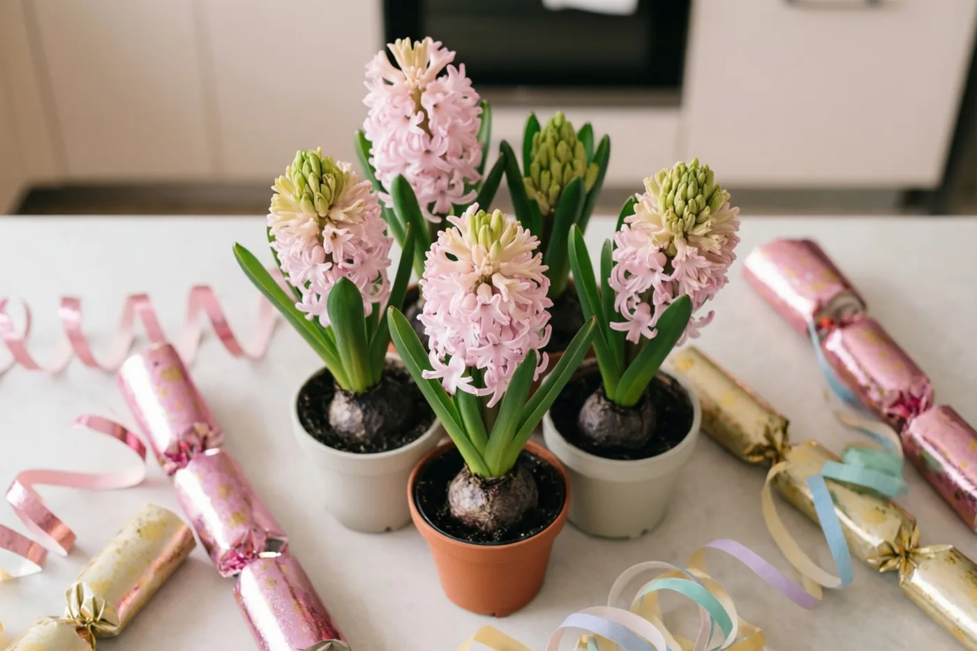 Lichtroze hyacinten in kleine potten staan op een witte keukentafel tussen kleurrijke serpentines en opengetrokken knalbonbons.