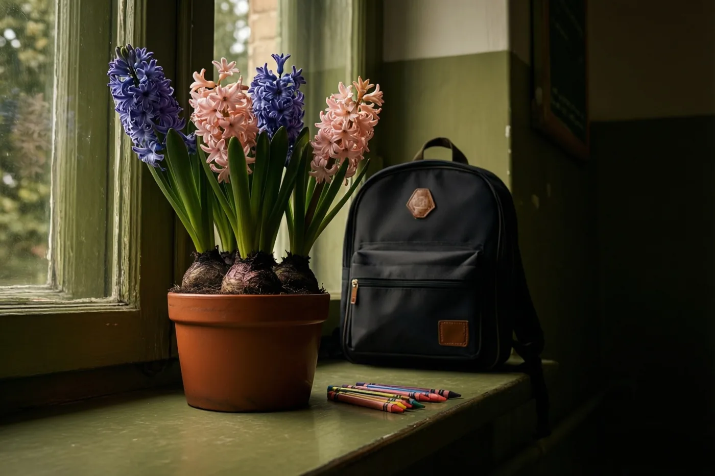Paarse en roze hyacinten in een terracotta pot staan op een groene vensterbank naast een zwarte boekentas en verspreide waskrijtjes.