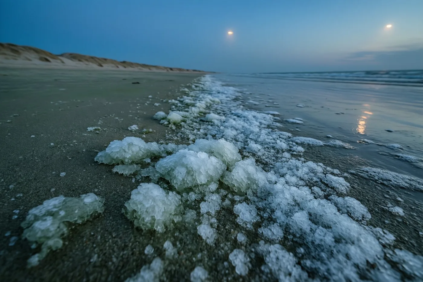IJskorstjes en bevroren zeeschuim liggen langs de vloedlijn op een breed zandstrand in het blauwgrijze licht van de schemering.