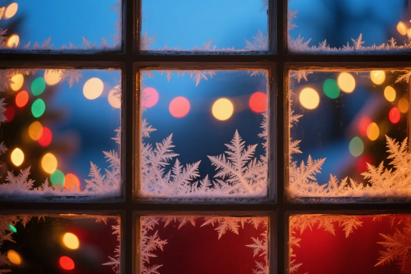 IJskristallen vormen patronen op een raam met meerdere ruitjes, met wazige blauwe, rode en geeloranje kerstlichtjes op de achtergrond bij nacht.