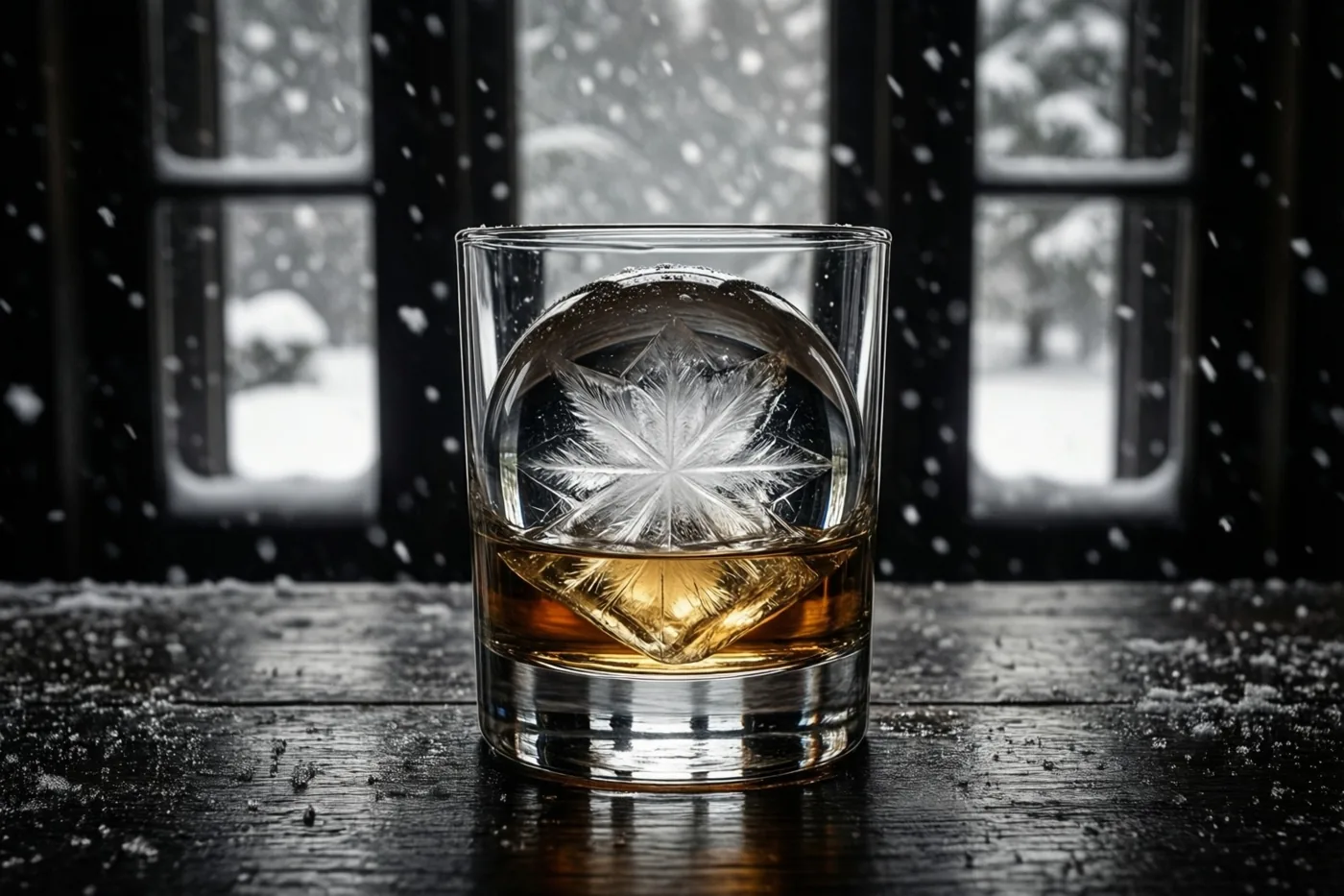 Een whiskyglas met een grote heldere ijsbol met een stervormig patroon staat op een donkerhouten oppervlak, met vallende sneeuw achter het raam.