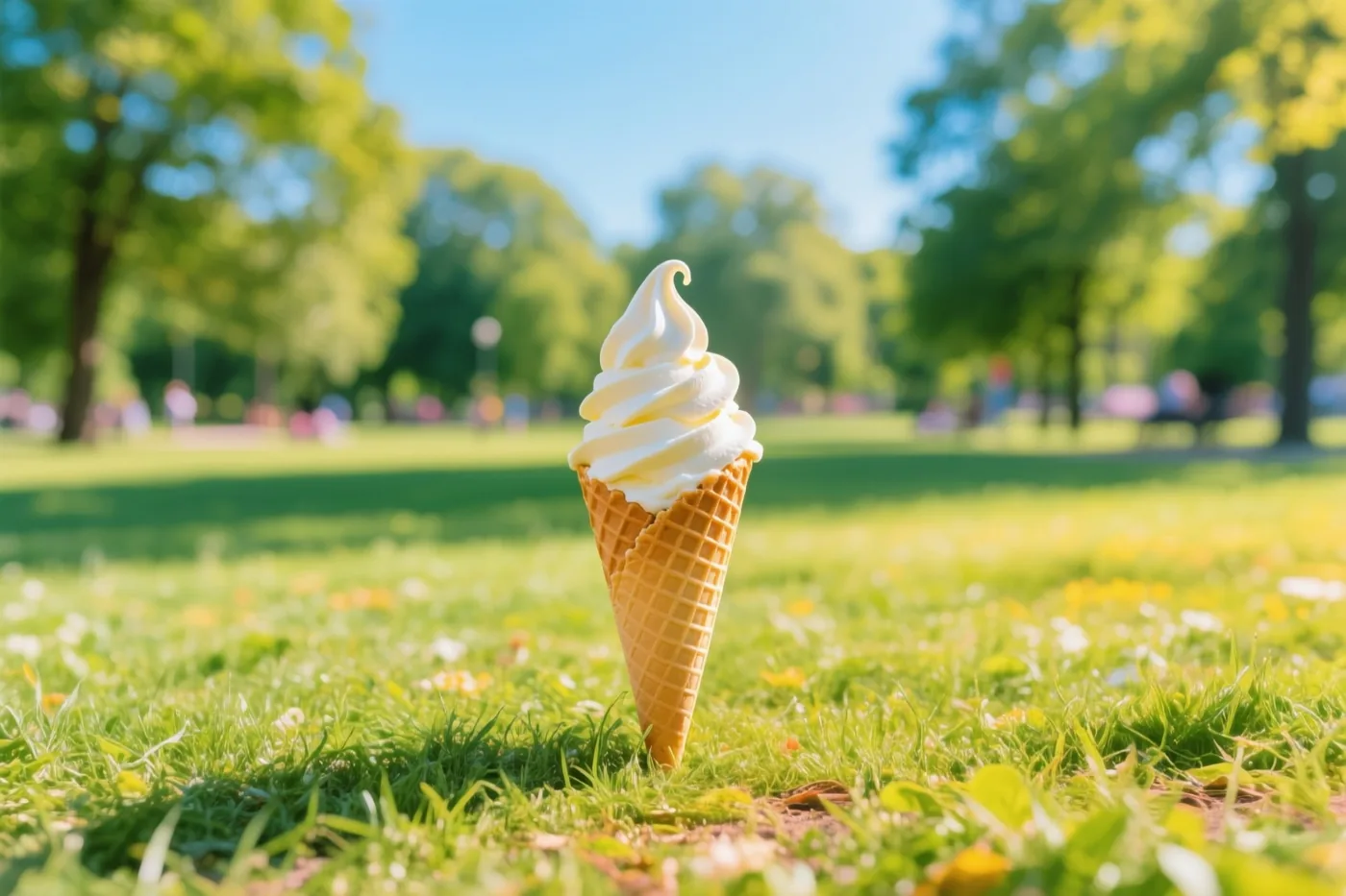 Een hoorntje met softijs staat rechtop in zonnig gras, met groene bomen en een blauwe lucht op de achtergrond.