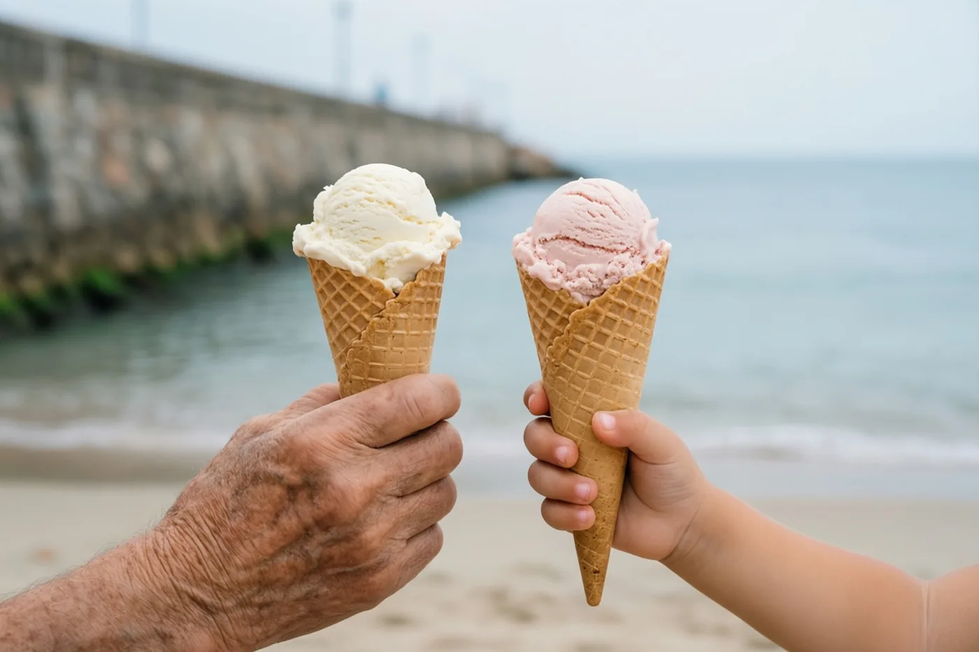 Een oudere hand en een kleine hand houden twee ijshoorntjes naar elkaar toe, met een zeedijk en strand op de achtergrond in beige, blauwe en roze tinten.
