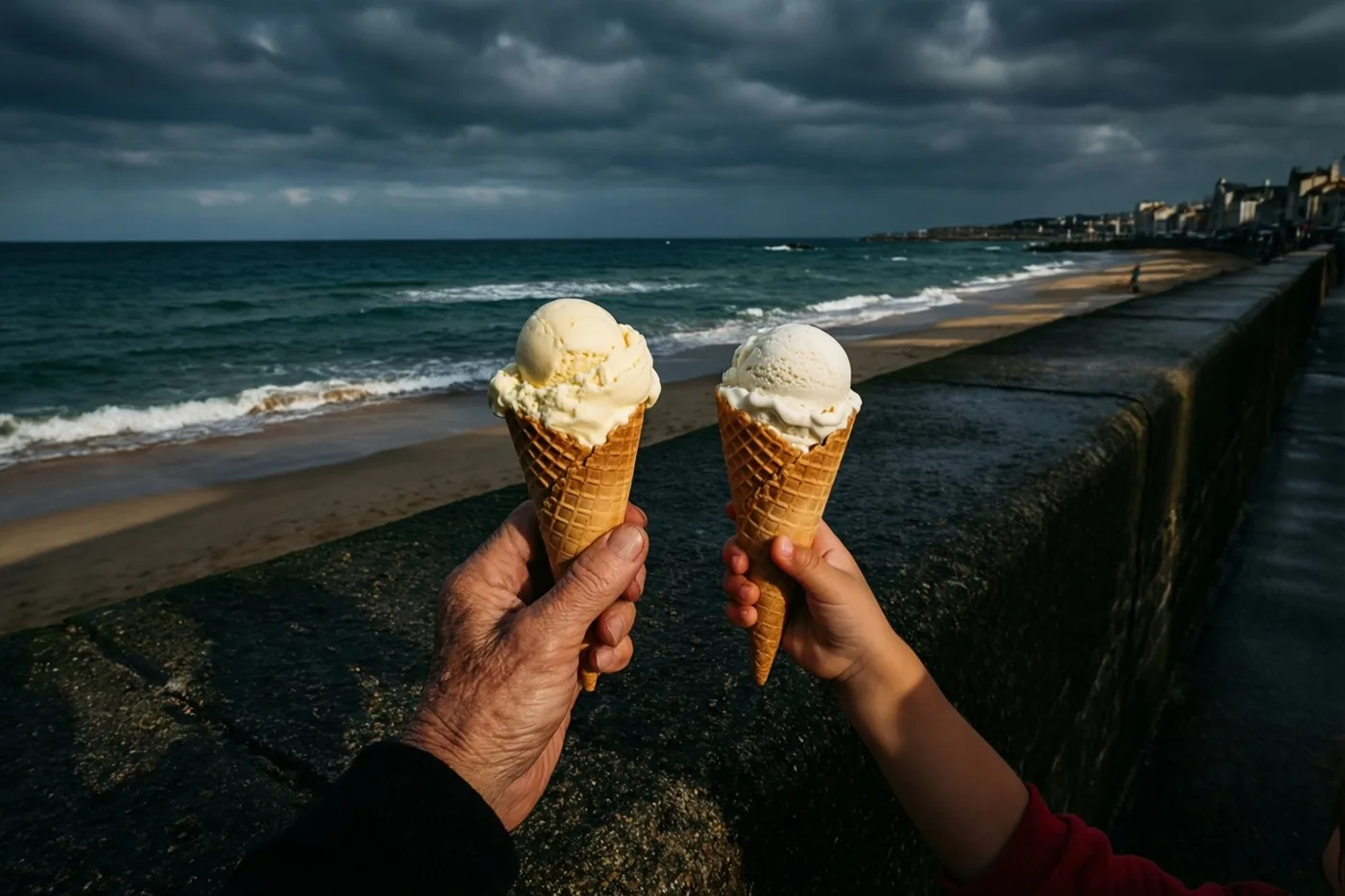 Een oudere hand en een kleine hand houden ijshoorntjes vast voor een zeedijk en strand onder een donkere, dreigende hemel.