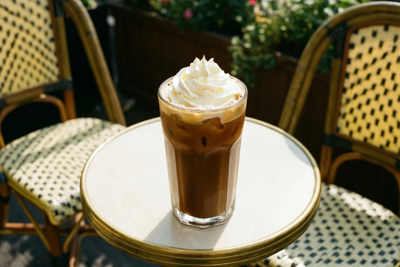 Een hoog glas ijskoffie met slagroom staat op een klein rond tafeltje op een zonnig caféterras tussen rieten stoelen en groen.