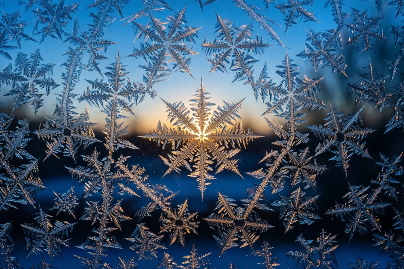 IJskristallen op een ruit vormen een symmetrisch patroon met een heldere stervorm in het midden, in koelblauwe tinten met goudkleurig ochtendlicht.