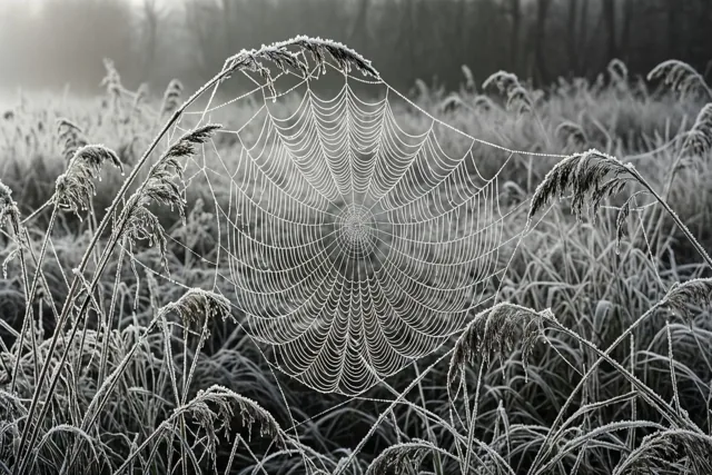 Een winterweb vol kristallen