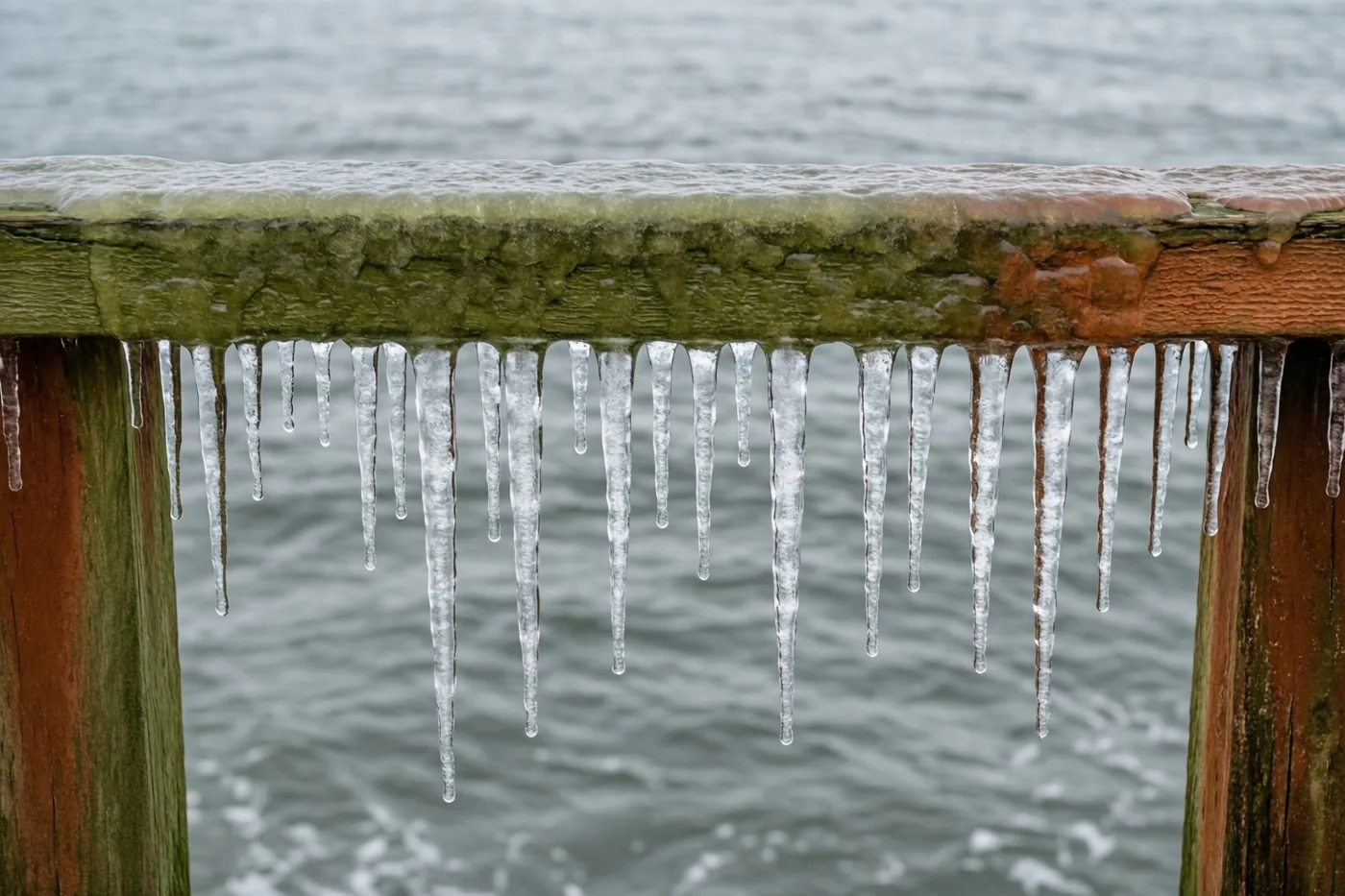 IJspegels hangen aan een verweerde houten pierleuning boven een grijze, rimpelende zee, in groene, bruine en grijze tinten.