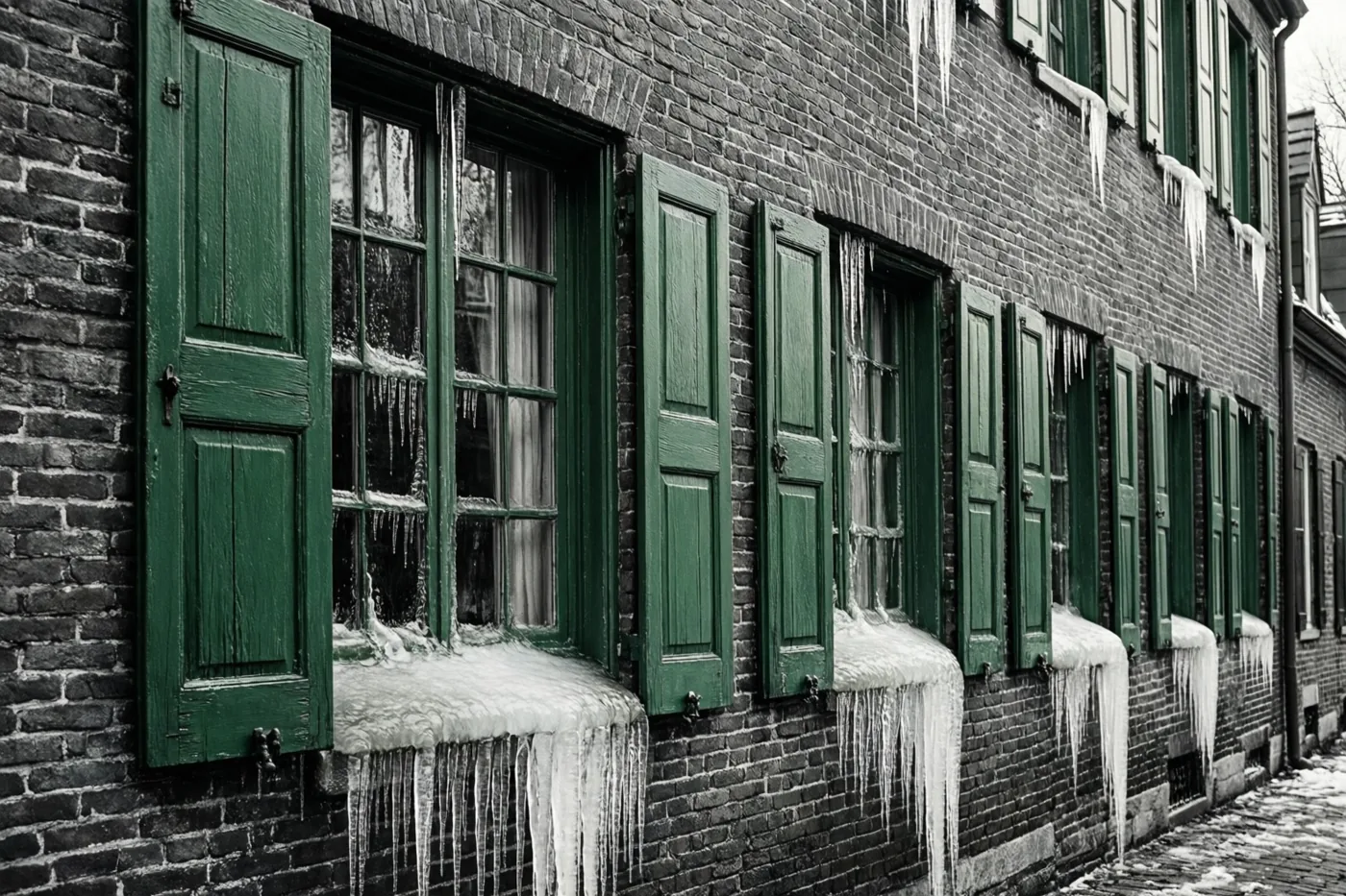 Een rij ramen met groene houten luiken en ijspegels aan de vensterbanken staat in een donkere bakstenen muur, met een besneeuwde kasseistraat ervoor.