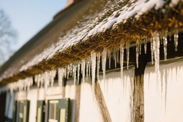 Doorschijnende ijspegels hangen aan een rieten dak, met sneeuw en een landelijke boerderijmuur in goudkleurig zonlicht.